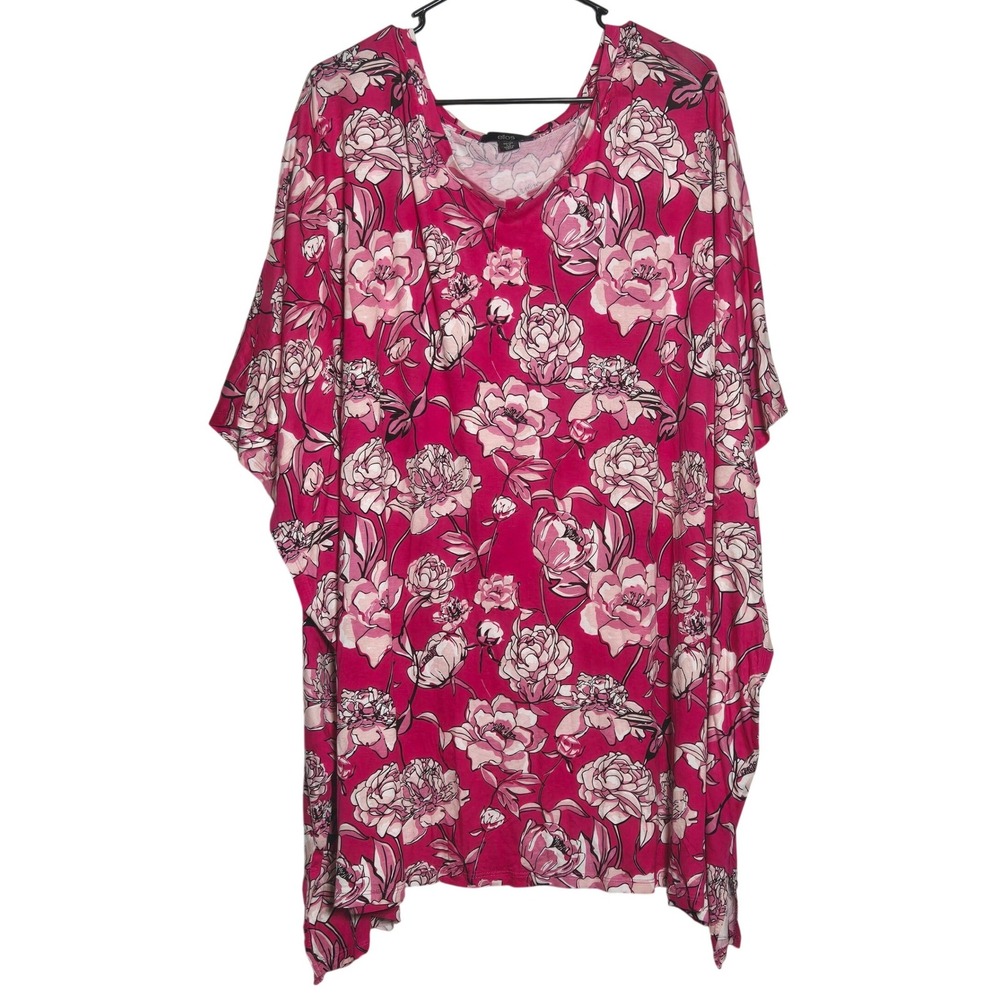 Ellos Pink Floral Dolman Sleeve V-Neck Tunic Top Plus 5X 38/40 Stretch Boho